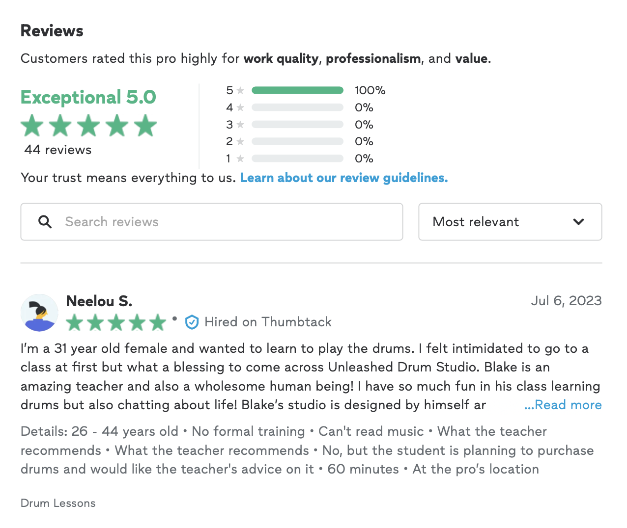 5-star drum lesson review from student Neelou on Thumbtack